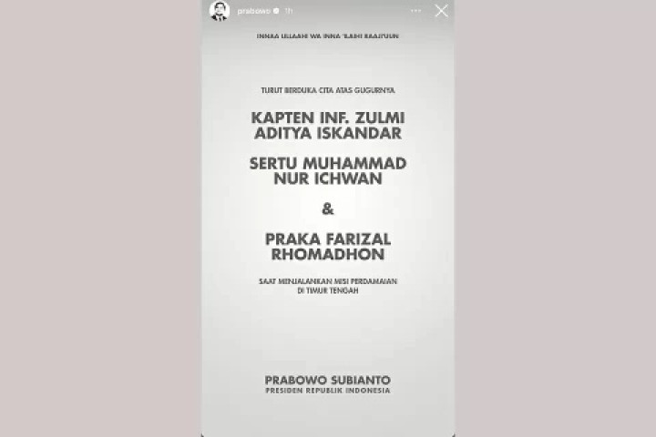 Gugur di Lebanon, Prabowo Sampaikan Belasungkawa atas Gugurnya Prajurit TNI